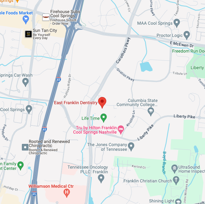 map of the location of East Franklin Dentistry in Franklin, TN