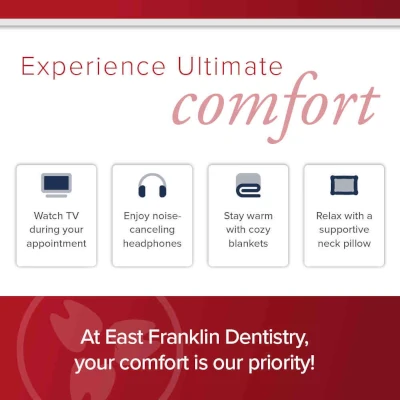 Promotional graphic for East Franklin Dentistry emphasizing patient comfort. The graphic includes the text 'Experience Ultimate Comfort' at the top in bold, and 'At East Franklin Dentistry, your comfort is our priority!' at the bottom. It features four icons: a TV representing watching TV during appointments, headphones for enjoying noise-canceling headphones, a blanket symbolizing staying warm with cozy blankets, and a neck pillow icon for relaxing with a supportive neck pillow. The background is red with a soft white decoration on the lower right side.